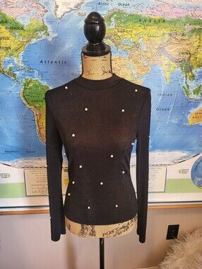 SHEIN Black Pearl-Accent Long Sleeve Top, Medium